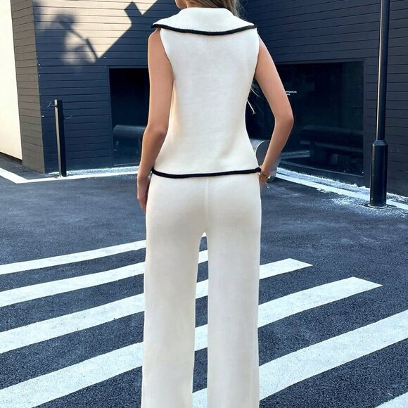 Apricot Elegant Women's Knitted Vest Sweater And Knit Pants Set - Picture 3 of 7